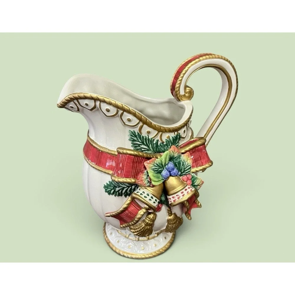 Fitz & Floyd Classics Christmas Deer Bow Bells Serving Pitcher Vase Bells Ribbon